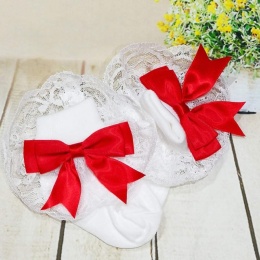 Girls White & Red Large Satin Bow Lace Socks